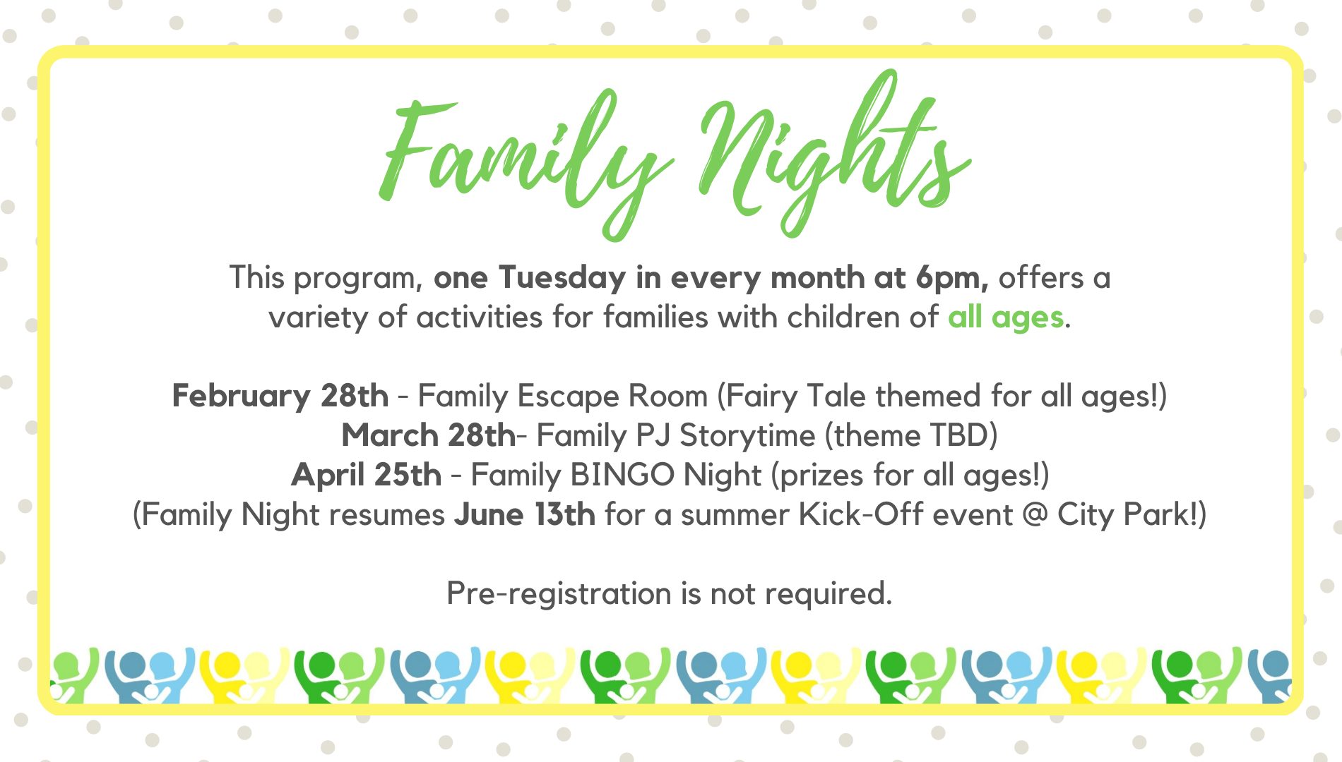 2023Spring_Family Night Family Night is one Tuesday a month at 6pm