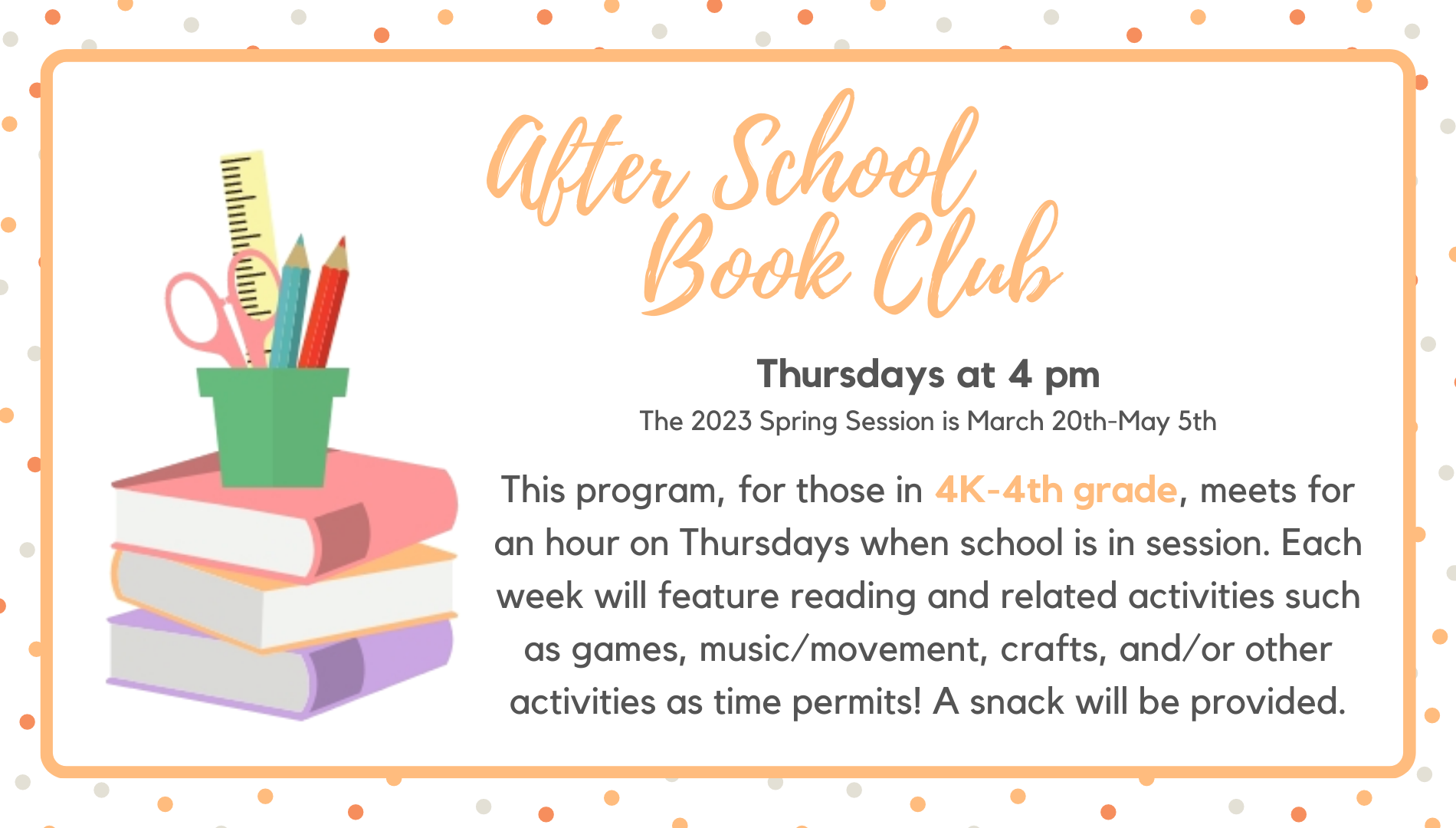 2023SpringSession_AfterSchoolBookClub ASBC meets select Thursdays at 4pm