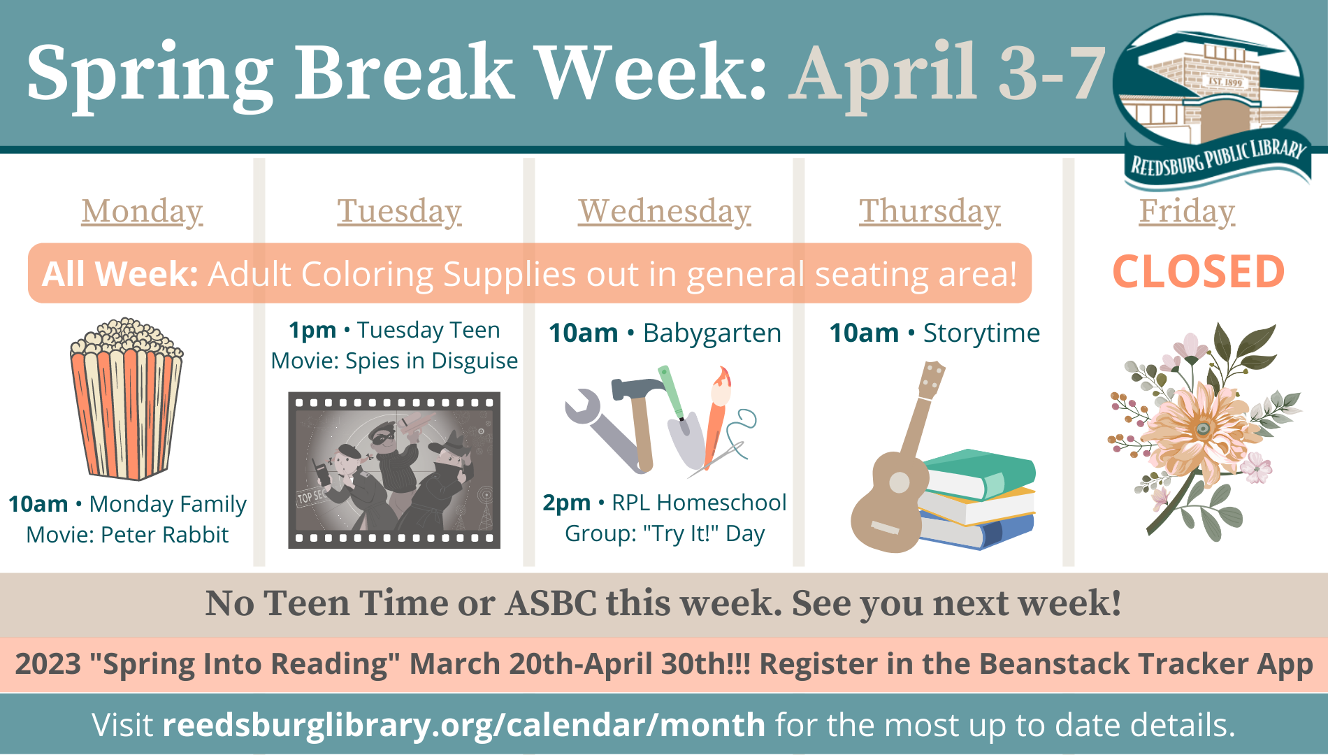 Spring Break 2023 Week view of Spring Break programming